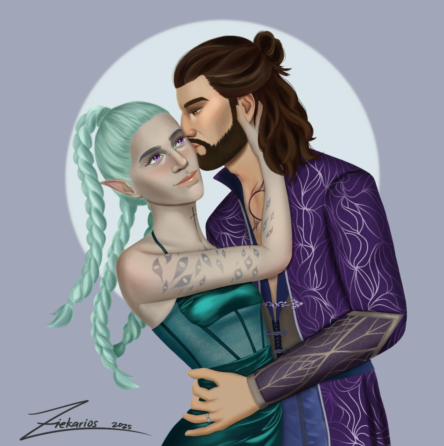 Digital illustration of video game characters Gale Dekarios and Nova (dark urge, drow), from the video game Baldur's Gate 3. Gale is kissing Nova's cheek and holding them close. Nova is smiling at Gale as they gently caress his neck.