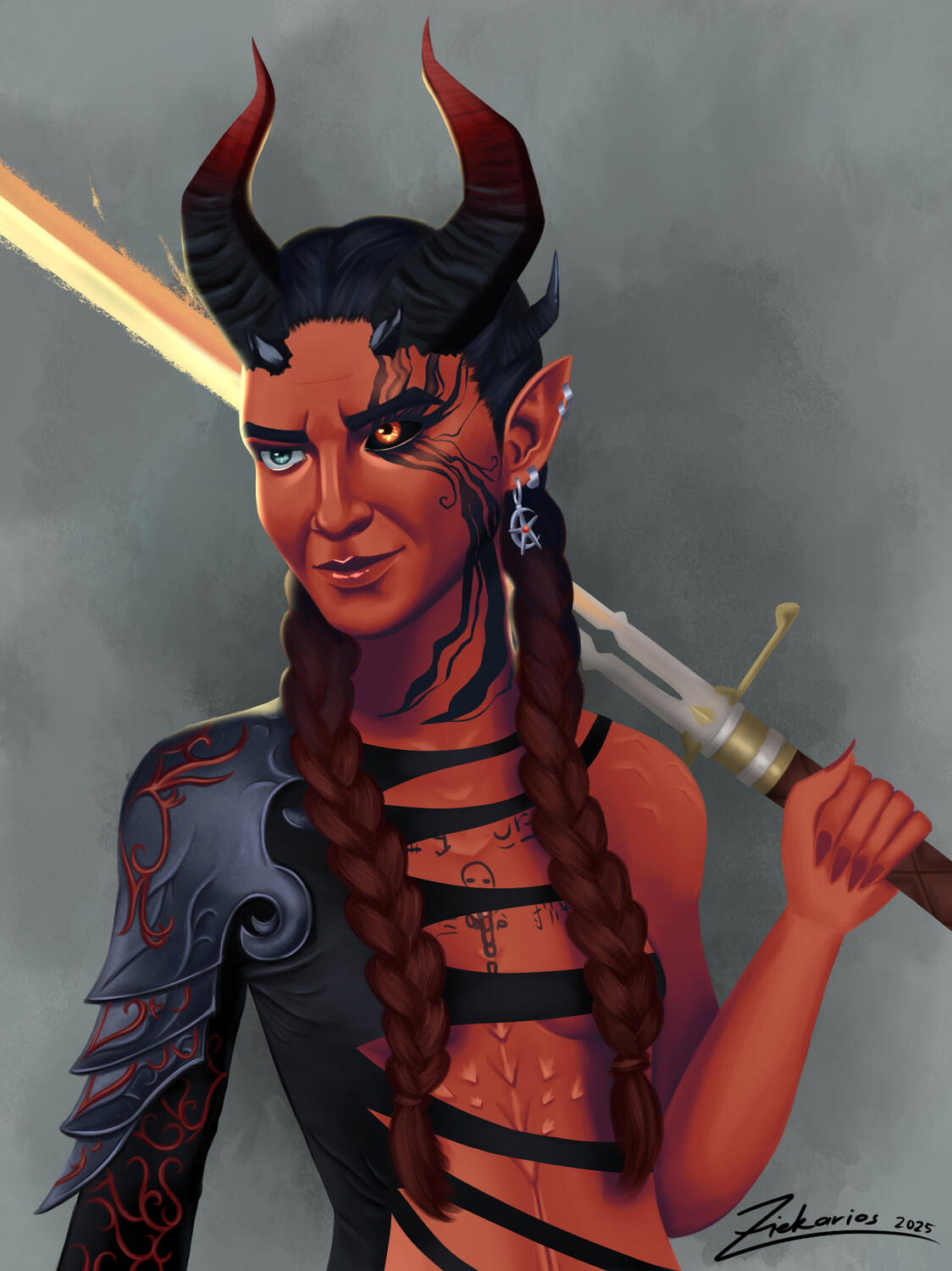 Red tiefling wearing skimpy armor with one metal shoulder pad, holding a firey sword behind them.